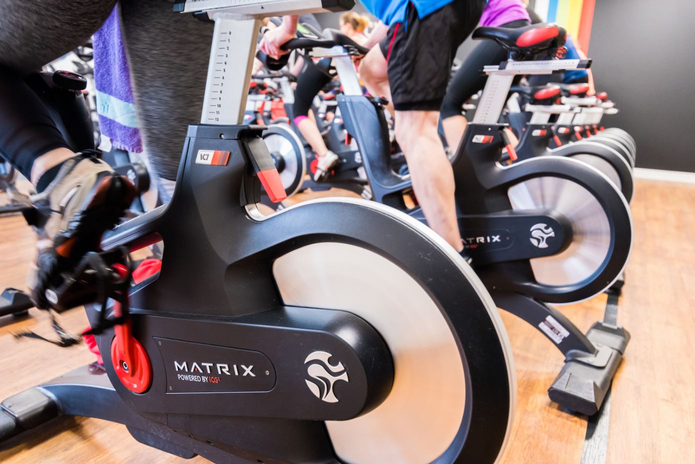 wheels on the bikes in the cycling studio