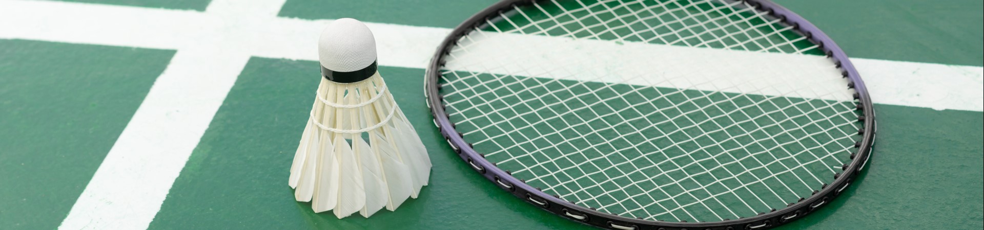 Badminton racket and shuttlecocks on a sports courts